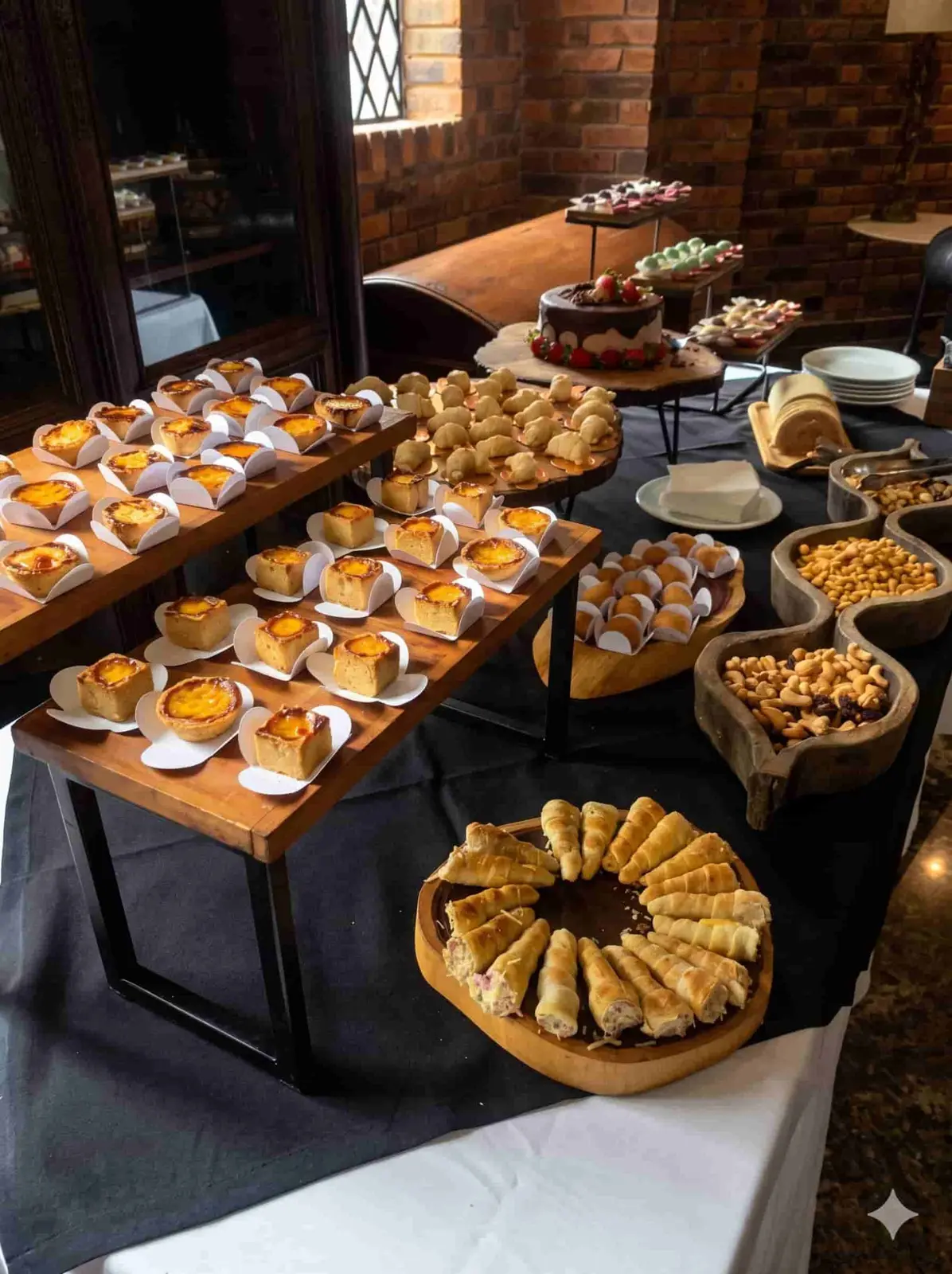 Mesa de doces e salgados finos de coffee break corporativo em Recife